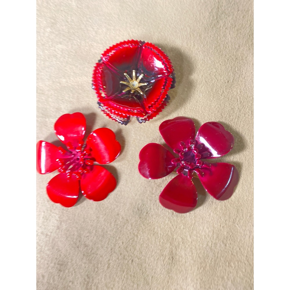 Red Enamel Brooch Bundle Floral Layered Vintage